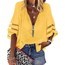 Casual Womens Shirt Summer Sexy VNeck Zipper 34 Flare Sleeve Solid Color Patched Loose Holiday Beach Blouse Women Top 240531