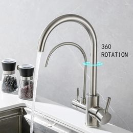 Kitchen Faucets Basin Faucet Pure Water Taps Double - Tube Cold & Two Handles 360 Rotation Stainless Steel Ceramic Valve Core