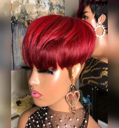 Ombre Red Color Short Bob Pixie Cut Human Hair Wig Full Machine Made None Lace Front Wigs With Bangs For BlackWhite Women Cosplay3668870