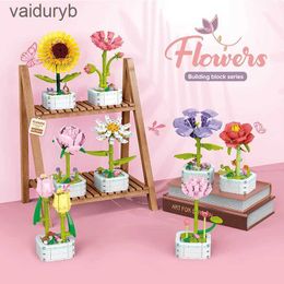 Blocks Bouquet Building Block Set Plant Potted B Toy Sunflower Rose Tulip Simulated Flower Desktop Decoration Girl Romantic Gift H240531