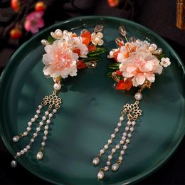 Hair Clips Silk Flower Pearl Hairpin With Long Tassel Headdress Chinese Hanfu Dress Fringe Tiaras Classic Beads Jewelry