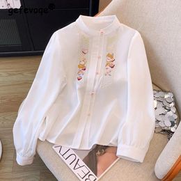 Women's Blouses Trendy Vintage Embroidery Button Up Shirt White Stand Collar Loose Blouse Chic Casual Long Sleeve Tops Camisas De Mujer