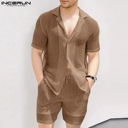 Men Sets Solid Transparent Lapel Short Sleeve Shirt Shorts 2PCS Streetwear Summer Fashion Mens Casual Suits INCERUN 240531