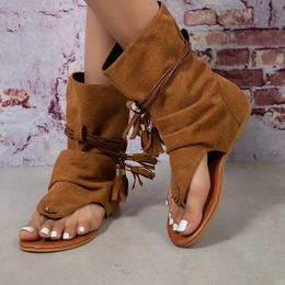 Women Summer Boots Open Toe Flat Tassel Design Sandals Roman Sandal Elegant Shoes Plus Size 35-43 Sandalias Mujer 2024 240531