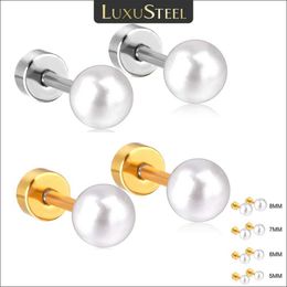 Charm LUXUSTEEL 2Pcs 5/6/7/8MM Stainless Steel Round Pearl Earrings For Women Men High Quality Screw Back Pierced Studs WholesaleL4531