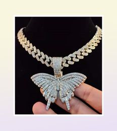 Men Women Hip Hop Butterfly Pendant Necklace with 13mm Miami Cuban Chain Iced Out Bling HipHop Necklaces Fashion Charm Jewelry248H5300385