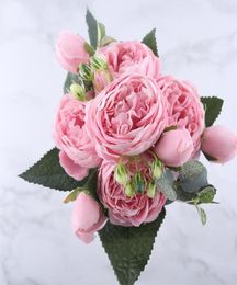 30cm Rose Pink Silk Peony Artificial Flowers Bouquet 5 Big Head and 4 Bud Cheap Fake Flowers for Home Wedding Decoration indoor 8 5458813