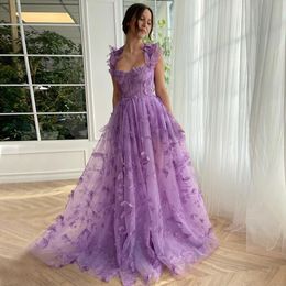 Lavender Butterflies Appliqued Prom Dresses Lace Evening Gowns A Line Scoop Neckline Tulle Sweep Train Special Occasion Formal Wear