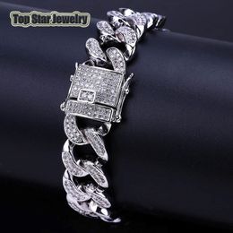 Copper Micro-inserts White Diamond MIAMI CUBAN LINK Bracelets Mens Hip Hop Bling Iced Out Chains With Jewellery Box 272g