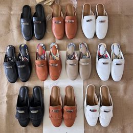 Famous brand mule Women casual Shoes Calfskin Mules designer slippers 100% real leather Women loafer Size 34-42 Luxury summer Plated Buckle Dress Shoes