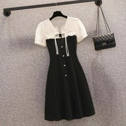 Party Dresses Women Knee-length Summer Female V Neck Short Sleeve Large Size Elegant A Line Black Polyester Single-breasted Vestidos