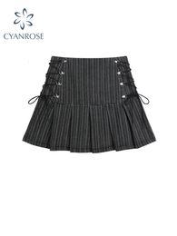 Y2k Pleated Skirt Women Sexy High Waist Grey Stripe Bandage Mini Skirts Summer A Line Vintage Harajuku Streetwar 240520