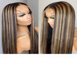 Malaysian Straight Human Hair Highlight Ombre Brown Blonde Lace Front Wigs With Baby Hair Preplucked Remy3624034