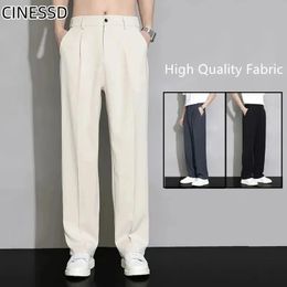 Summer Mens Casual Loose Straight Suit Pants Button Elastic Waist Solid Color Breathable Korea Trousers Minimal Design 240531