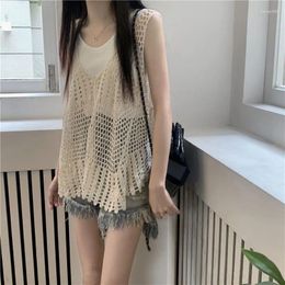 Women's Tanks Streetwear Hollow Out Tank Top Women Vintage V Neck Sleeveless Camis Summer Harajuku Korean Loose All Match Camisole Tops