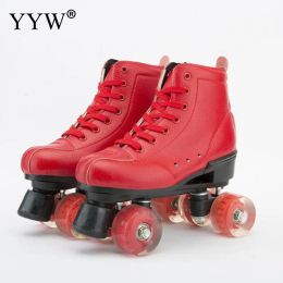 Skates Inline & Roller Skates Artificial Leather Double Line Women Men Adult Two Skate Shoes Patines With Red PU 4 Wheels Patins1