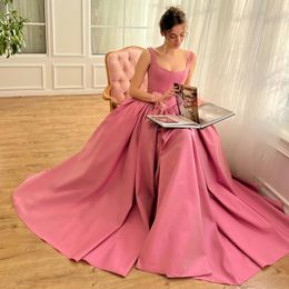 Sweet Princess Prom Dresses Side Split Evening Gowns Scoop Neckline Sweep Train Satin Special Occasion Formal Wear