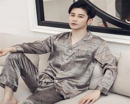 Silk Pyjama Set Men Sleepwear Satin Pajamas Unit Autumn Spring Home Suit Printed Lounge Pants Nightgown Sleep Clothes XXXL 2011266789388