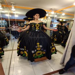 Black Charro Quinceanera Dresses Mexican Ball Gown Off The Shoulder Satin Sunflowers Embroidery Birthday Dress Plus Size Beaded Sweet 16 Dresses Vestidos De Xv Anos
