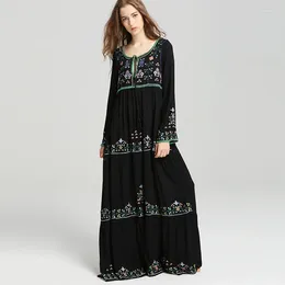 Casual Dresses Black Dress Floral Embroidered Boho Vintage O-neck Tassel Long Sleeve Hippie Women Brand Clothing 2024