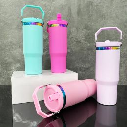 Portable 30oz Rainbow underneath Travel Mug Thermal Cup stainless steel Vacuum Insulated Water Bottle with Flip Straw and Top Handle for Laser engraving