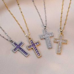Pendant Necklaces Stainless Steel Sparking Women Cross Necklaces Gold Colour Metal Cross Pendant Bling CZ Stones Christ Religious Prayer Collar S2453102