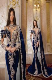 Luxury Velvet Royal Blue Mermaid Prom Dresses Beads Long Sleeves High Neck Birthday Party Evening Gowns with Shawl Custom Made 2023781612