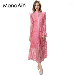 Casual Dresses MonaAiYi Fashion Runway Designer Women's High Street Stand-Up Collar Long Sleeved Retro Gouhua Hollow Out Pink Dress