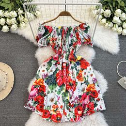 One shoulder elastic waist short vacation dress sexy off the shoulder Chinese floral print princess dress