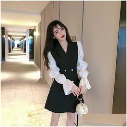 Basic & Casual Dresses Autumn Suit Dress Double Breasted Elegant Bubble Long Sleeve Womens Clothing Woman Vestido De Mujer Femme Robe Dhuty