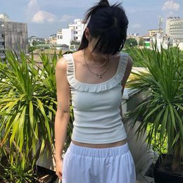 Women's Tanks Kawaii Girls White Ribbed Tank Tops Y2K Harajuku Clothes Frill Backless Crop Top For Women Coquette T-shirts