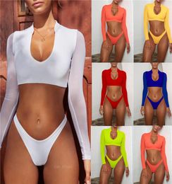 2019 Orange High Cut Twopiece Suits Mesh Long Sleeve Brazilian Bikini Push Up Swimsuit Sexy Thong Swimwear Women Bathing Suit2598108