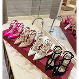 Designer High Heel VT Sandal Dress Shoes Ankle Strap Roman Studs Black Nude Strip Rivets Womens Stiletto Block Heel 6.5cm 9.5cm Size 35-42