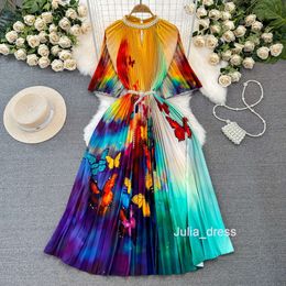 Fashionable and Luxury Three Mansion Pleated Short sleeved Beaded Standing Neck Wrapped Waist for Slimming A-line Gradient Printed Large hem Dress