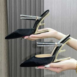Slippers 2024 New Pointed Toe Women Sandals Strange High Heels Satin Prom Wedding Dress Pumps Bride Wedges Designer Crystal Slippers T240530