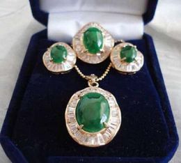 Emerald Green Jade 18KGP Cubic Zirconia Pendant Necklace Earrings Ring Set8624564