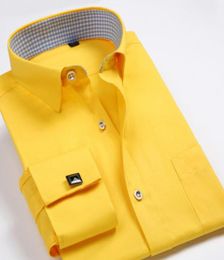 New Autumn Pure Color Pink Yellow Blue Fashion Personality Casual Formal Long Sleeve Men Dress Shirt With French Cufflinks6313829