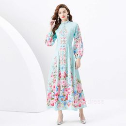 Little Fresh Flower Series Fairy Vacation Style Standing Collar Single breasted Diagonal Cut Printed Wide Swing Long Dress