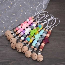 5PCS Pacify Toys Baby Pacifier Chain Round Wooden Dummy Holder Clip Silicone Chew Teether Teething Chain For Baby Anti-Dorp Nipple Chain Care Toy