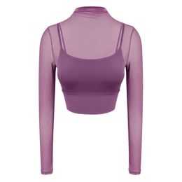 Women's Top Designer Summer Fashionable and elegant mesh breathable fak with a small round neck revealing waist tight fitting long sleeved yoga suit for women Q9UH