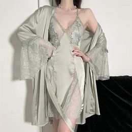 Women's Sleepwear Bathrobe Gown Satin Summer Women Robe Suit Sleep Nightgown Lace Nightwear Loungewear Lingerie Silky Set Twinset