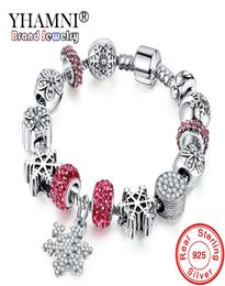 YHAMNI Antique 925 Silver Wedding Vintage Jewelry Charm Bracelet Bangle With Snowflake Pendant Crystal Beads for Women YB2115792539