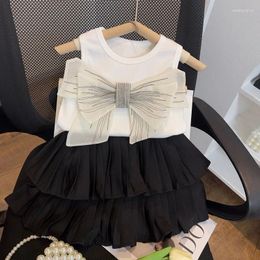 Clothing Sets Girls Fashionable Bow Wrapped Vest Set 2024 Summer Layered Skirt For Children Pleated Short Two Piece