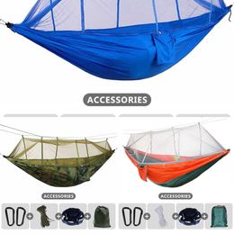Hammocks Single Double Camping Hammock with Mosquito Net Bug Included Tree Straps and Carabiners Lightweight Parachute Nylon H240530 V6IX