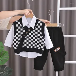 Clothing Sets Children's Suit Spring Autumn Baby Boys Chequered Knitted Sleeveless Vest Lapel Shirts Casual Pants Three Pieces Outffits Set