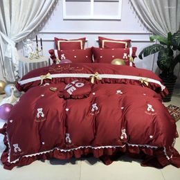 Bedding Sets Cute Bear Set Queen Size Embroidery Sheet Egyptian Cotton Bed Linen Ropa De Cama King Duvet Cover 4/7pcs