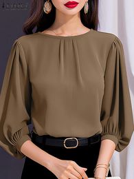 ZANZEA Lantern Sleeve Solid Color Shirts Casual Women O Neck Stylish Blouses OL Work Wear Summer Pleated Blusas Elegant Tops 240531