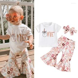 Clothing Sets FOCUSNORM 0-18M Baby Girls 1st Birthday Clothes 3pcs Letter Print Short Sleeve T-Shirt With Doughnut Flare Pants Headband