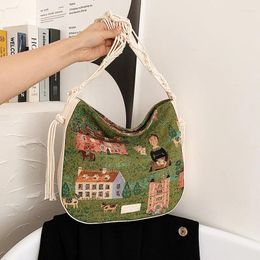 Shopping Bags Women Canvas Cute Cartoon Graffiti Shoulder Messenger National Tassel Large Bucket Thick Cloth Crossbody