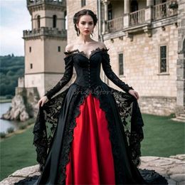 Mediaeval Victorian Gothic Black Wedding Dresses 2024 Renaissance Princess Long Sleeve Celtic Lace Off Shoulders Bridal Gowns Appliques Lace Wiccan Country Bride